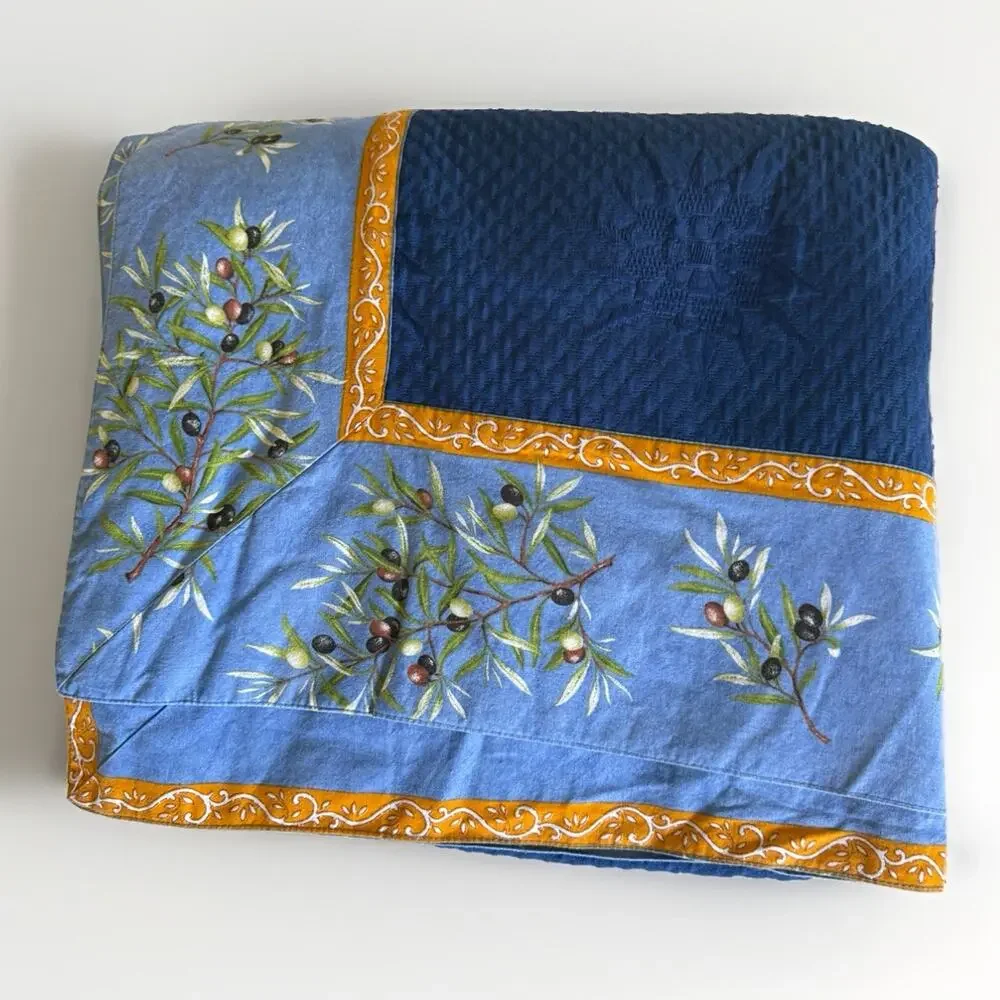 Nappe Olive Leaf Rectangle Blue French Country Tablecloth Handmade 112”X61”